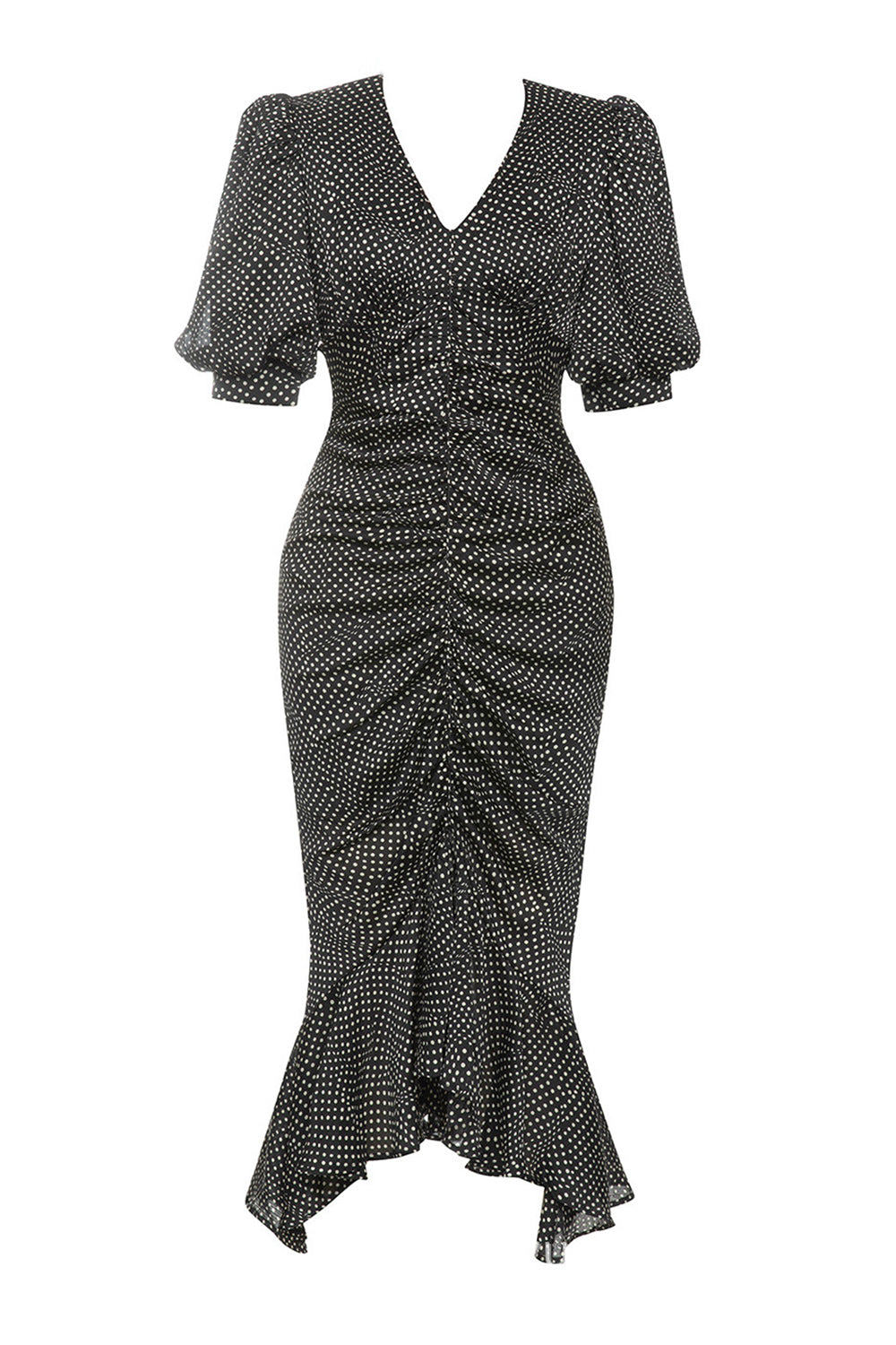 Sort bodycon V hals Polka Dot Ruched formel kjole med pufærmer