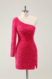 Hot Pink One Shoulder Glitter Pailletter Cocktailkjole med slids