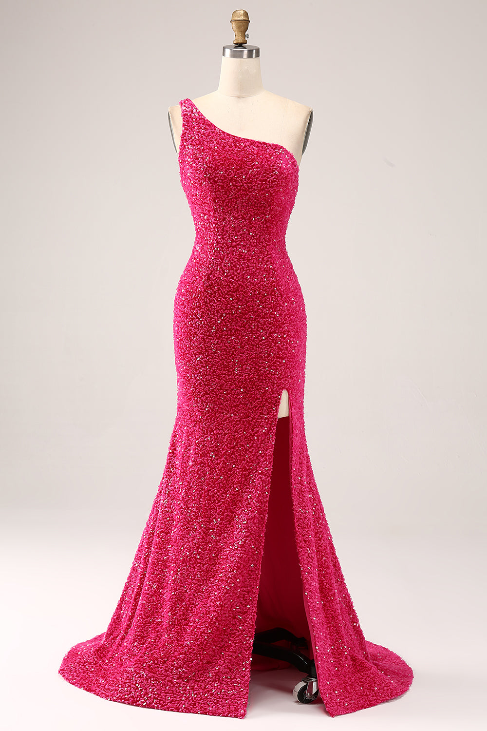 Sparkly Fuchsia Mermaid One Shoulder Long Pailletgallakjole med slids