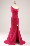 Sparkly Fuchsia Mermaid One Shoulder Long Pailletgallakjole med slids