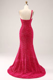 Sparkly Fuchsia Mermaid One Shoulder Long Pailletgallakjole med slids