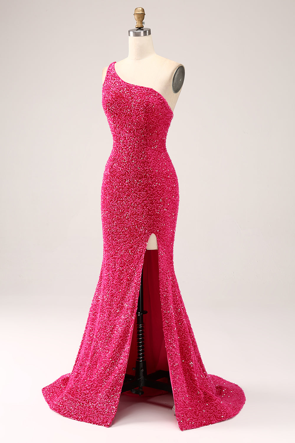 Sparkly Fuchsia Mermaid One Shoulder Long Pailletgallakjole med slids