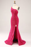 Sparkly Fuchsia Mermaid One Shoulder Long Pailletgallakjole med slids