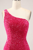 Sparkly Fuchsia Mermaid One Shoulder Long Pailletgallakjole med slids