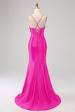 Fuchsia Skede Spaghetti Stropper Plus Size Gallakjole med Split Front