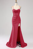 Fuchsia Skede Spaghetti Stropper Plus Size Gallakjole med Split Front