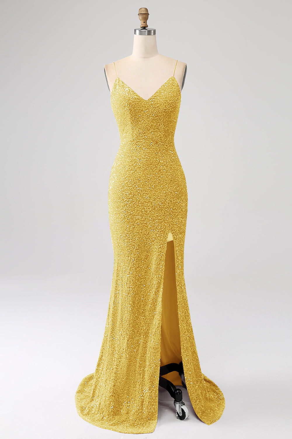 Fuchsia havfrue Spaghetti stropper V-hals pailletgallakjole med split