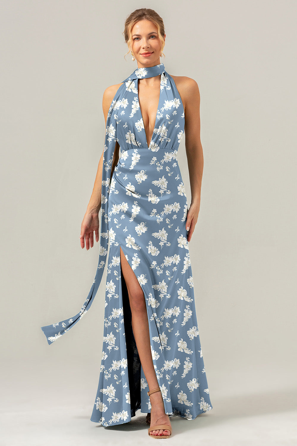 Blå Hvid Blomst Dyb V-hals Streamer Rygløs Lang brudepigekjole med slids