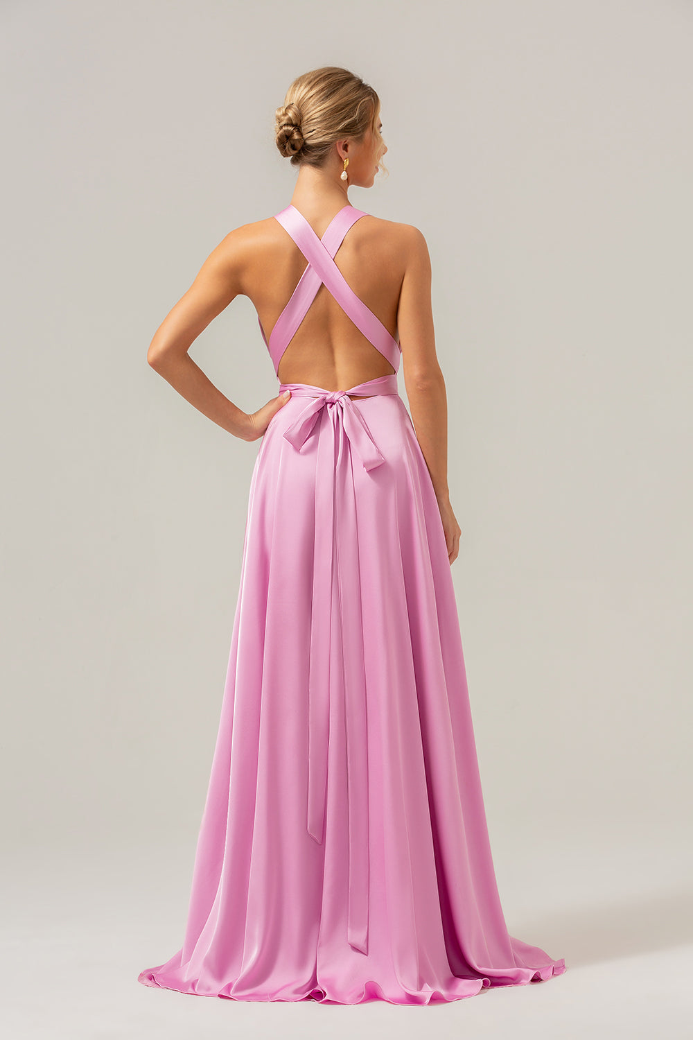 Pink A Line V-hals Backless Satin Lang brudepigekjole med slids