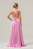 Pink A Line V-hals Backless Satin Lang brudepigekjole med slids