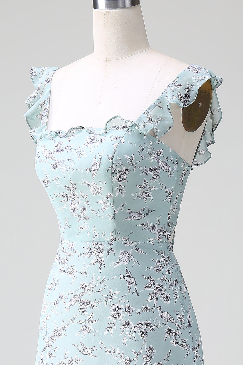 Grågrøn skede blomsterprint Lang brudepigekjole med slids