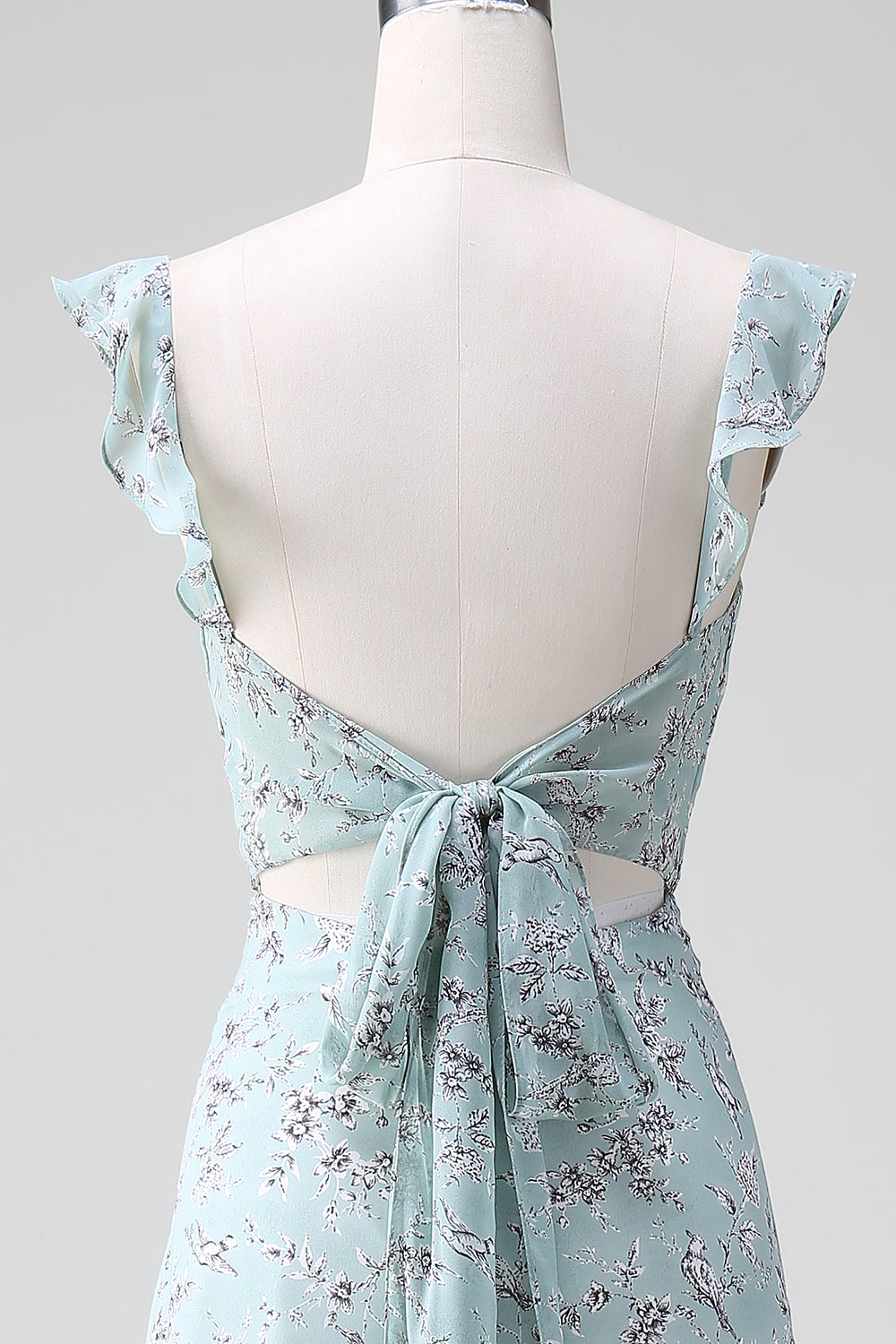 Grågrøn skede blomsterprint Lang brudepigekjole med slids