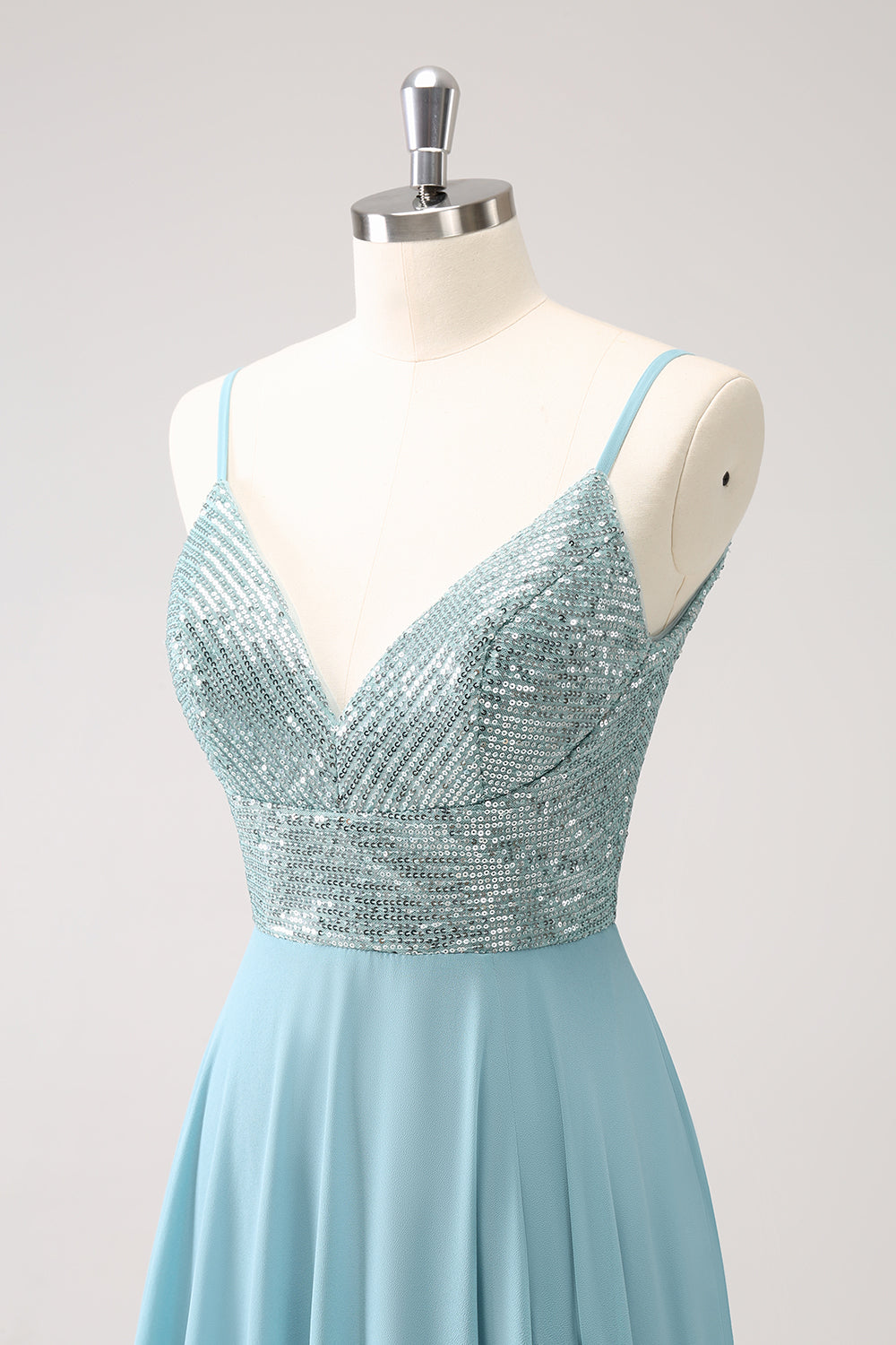 Grå Grøn A-linje Spaghetti Stropper Chiffon Lang Brudepige Kjole med Slids