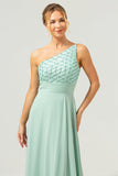 Glitrende grøn A-linje One Shoulder Chiffon Lang brudepigekjole