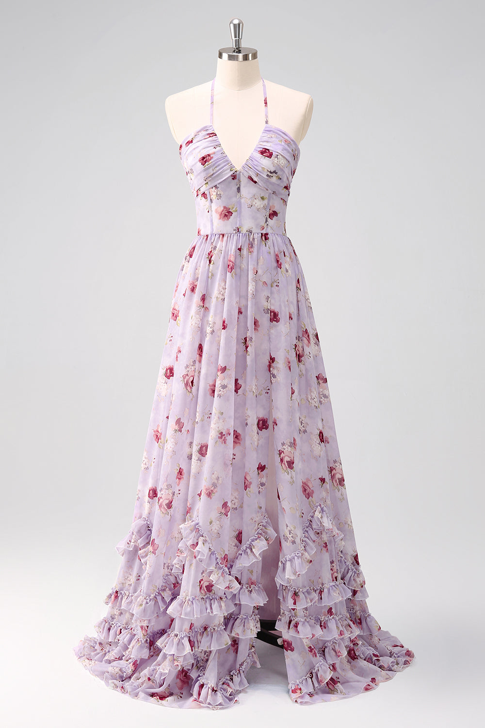 Grå lilla blomster A Line Korset Halter Brudepigekjole med slids