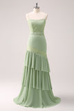 Grøn Floral Ruffled Chiffon Brudepigekjole med blonder