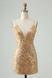 Glitrende Golden Bodycon Spaghetti Strap Kort Homecoming Kjole med pailletter