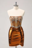 Glitter Beaded Kobber Korset Plisseret Stropløs Kort Stram Homecoming Kjole