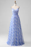Blue Print A Line Spaghetti Straps Lang brudepige kjole