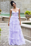Lavendel A Line korset Spaghetti Stropper Floral Tiered bryllupsfest kjole