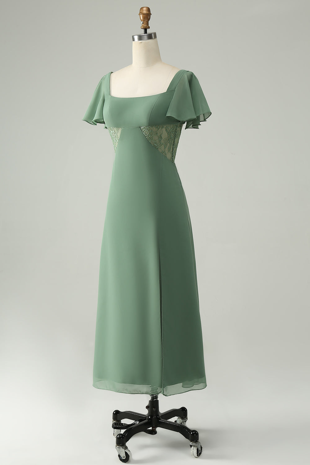 A Line Eucalyptus Square Neck Chiffon Brudepigekjole med slids