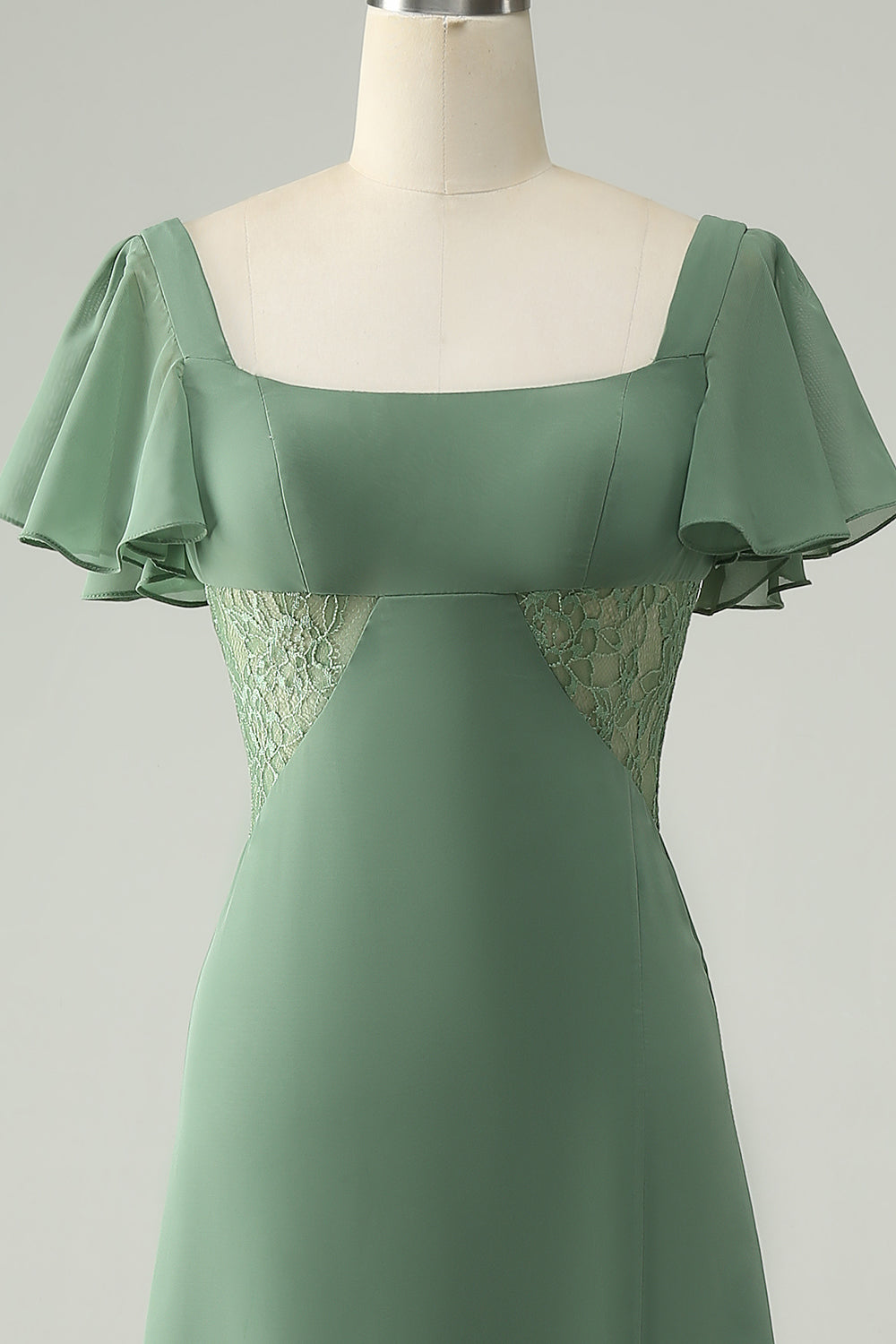 A Line Eucalyptus Square Neck Chiffon Brudepigekjole med slids