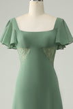 A Line Eucalyptus Square Neck Chiffon Brudepigekjole med slids