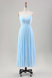 Himmelblå A Line plisseret chiffon brudekjole