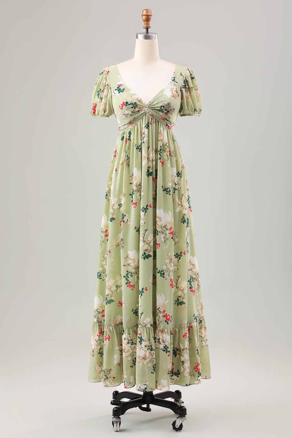 Grøn blomst A Line V hals rygløs bryllupsfest gæstekjole med korte ærmer