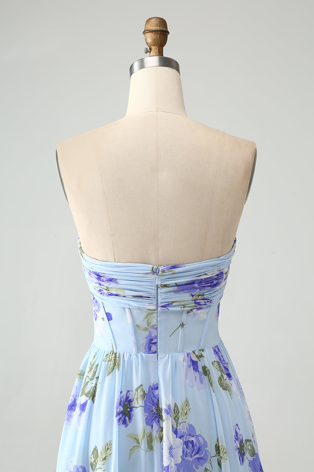 Blå Blomster: A Line Sweetheart Stropløs, Plisseret Lang Brudegæstekjole