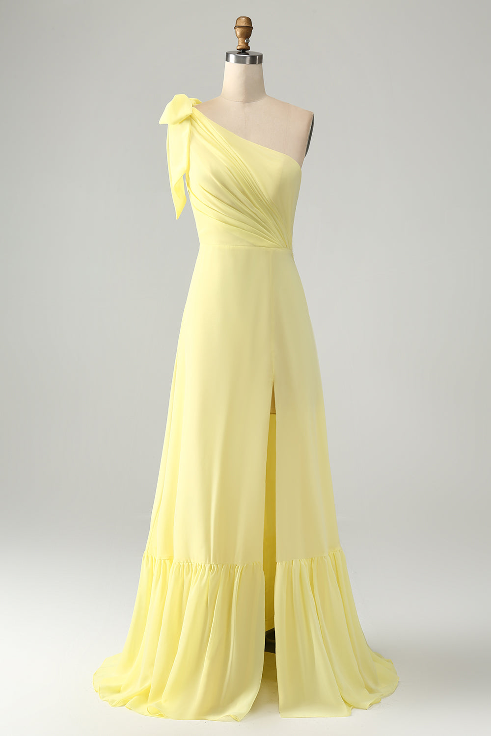 A Line One Shoulder Yellow Long Wedding Guest Dress med slids