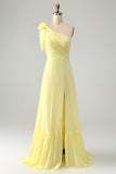 A Line One Shoulder Yellow Long Wedding Guest Dress med slids