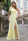 Gul A Line One Shoulder Long Wedding Party gæstekjole med slids