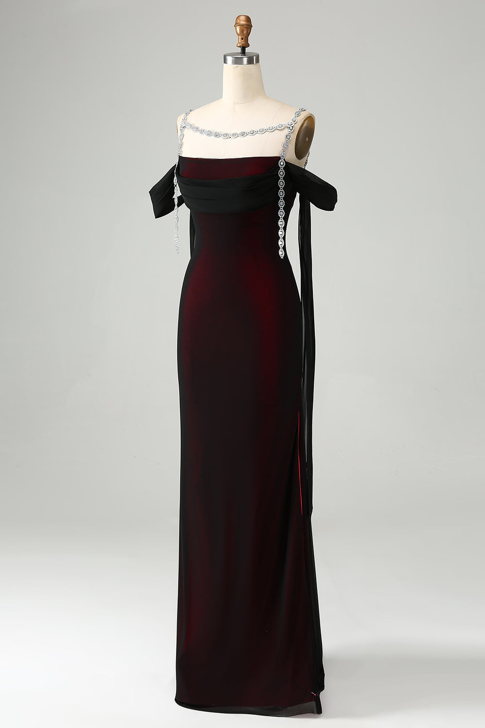 Glitrende sort rød havfrue kold skulder lang brudepigekjole