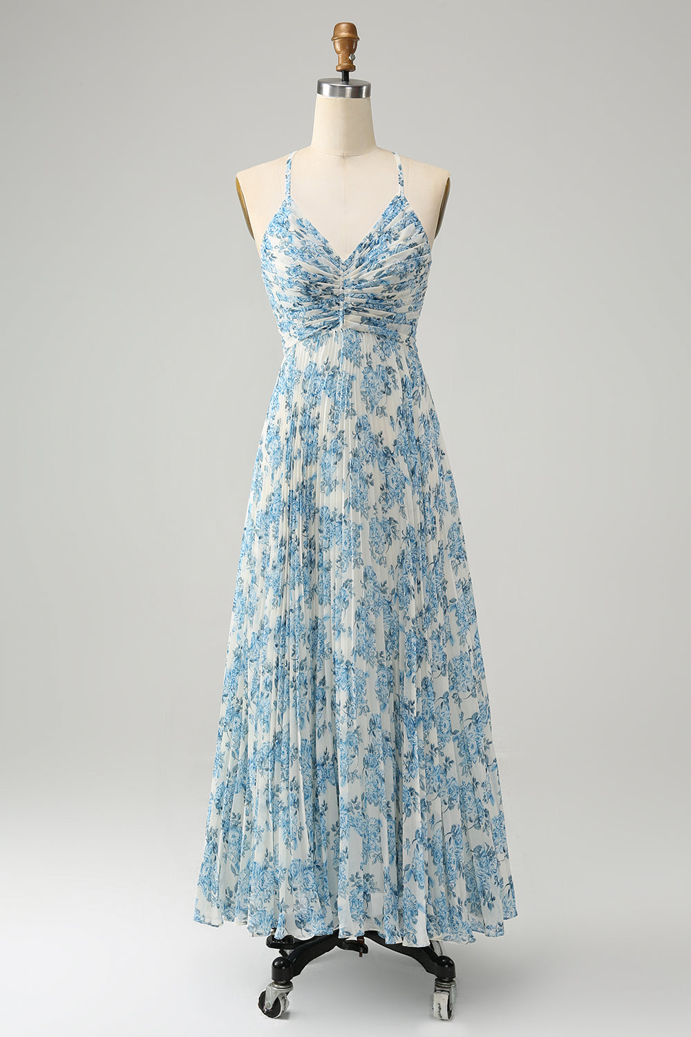 Hvid blå blomst Spaghetti Stropper A Line Brudekjole Gæstekjole