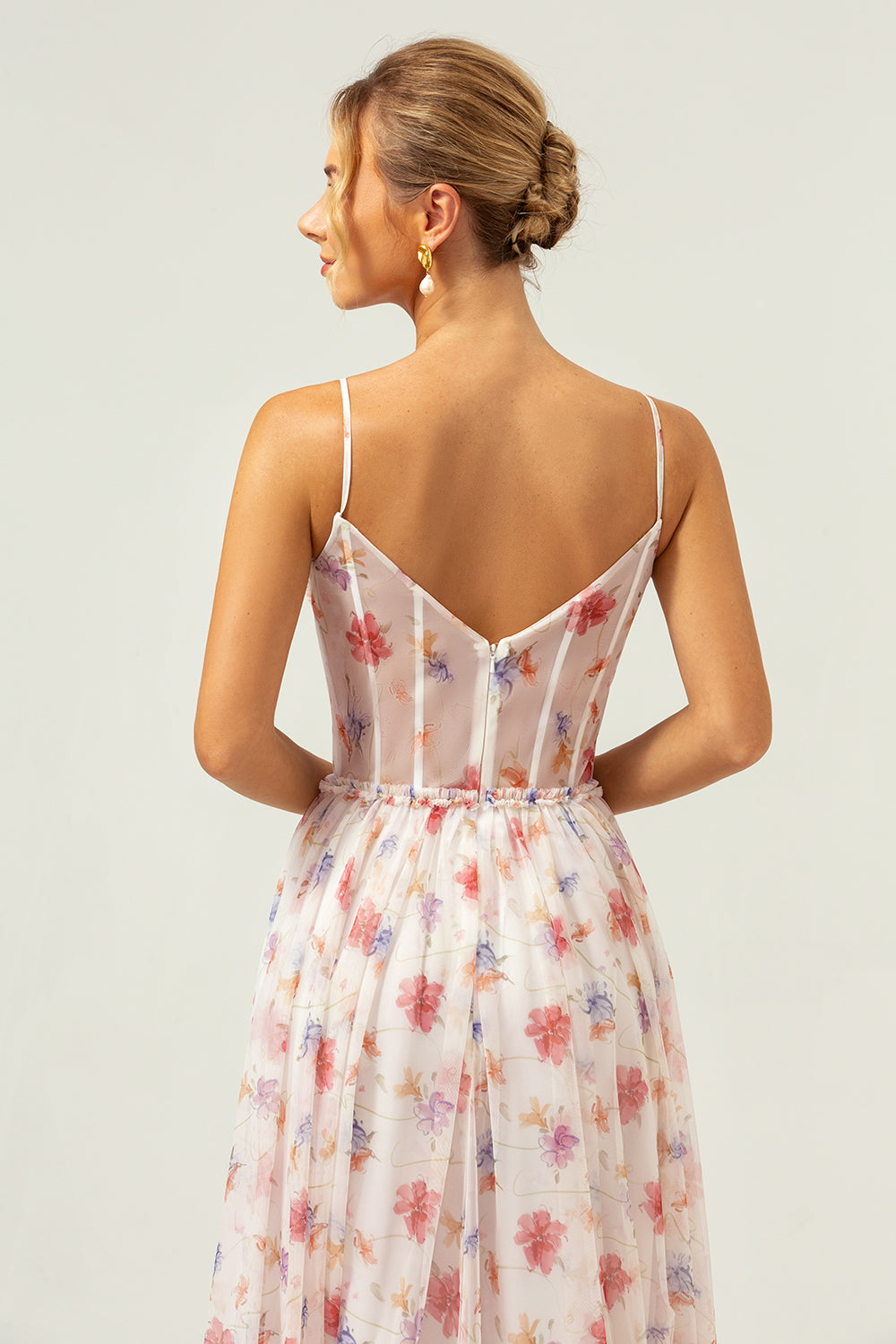 Hvid Rød Blomster A Line Spaghetti Stropper Korset Lang Brudepige Kjole