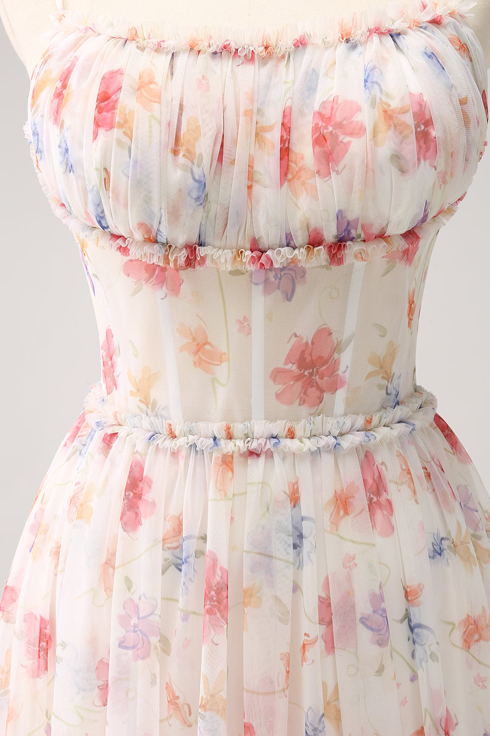 Hvid Rød Blomster A-linje Spaghetti Stropper Lang Brudepige Kjole