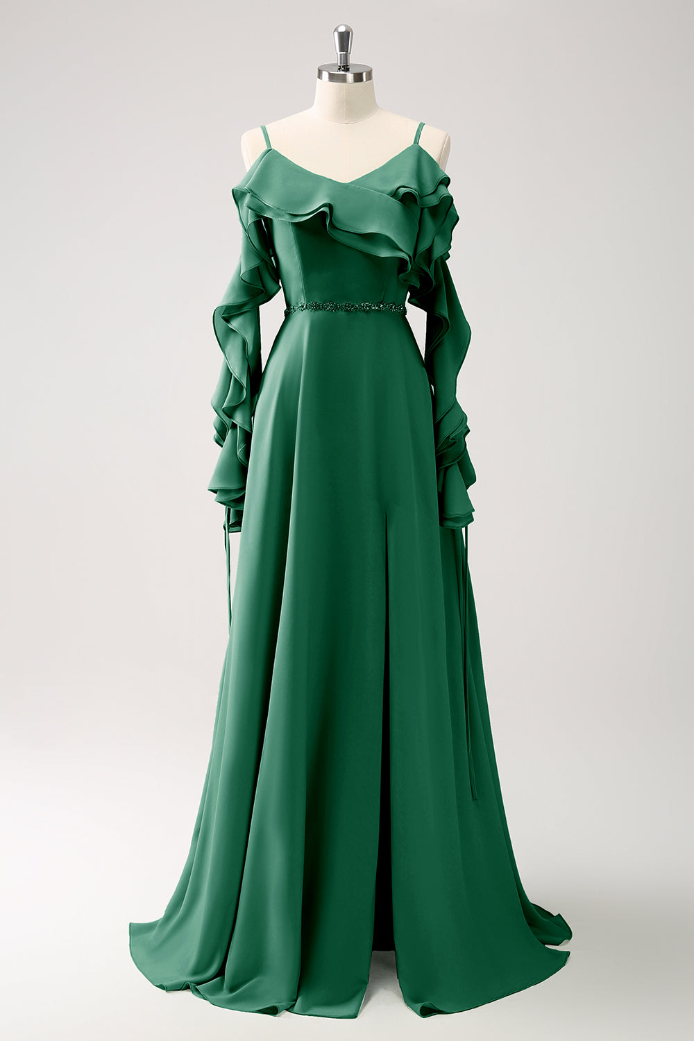 Mørkegrøn kold skulder A-linje Chiffon lang brudepigekjole med flæser