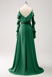 Mørkegrøn kold skulder A-linje Chiffon lang brudepigekjole med flæser