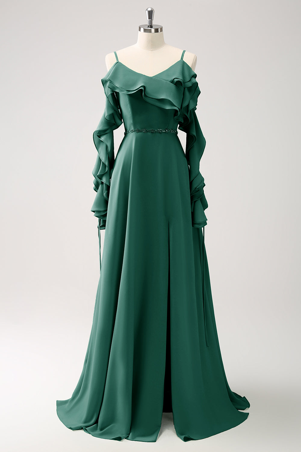 Himmelblå kold skulder A-linje Chiffon lang brudepigekjole med flæser