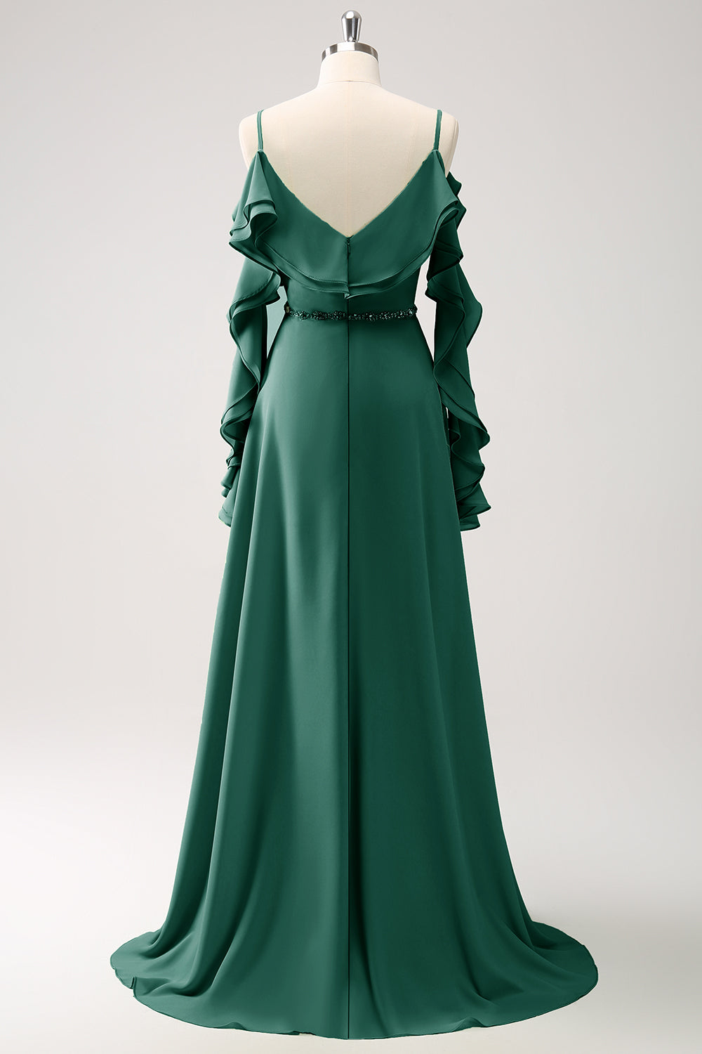 Himmelblå kold skulder A-linje Chiffon lang brudepigekjole med flæser