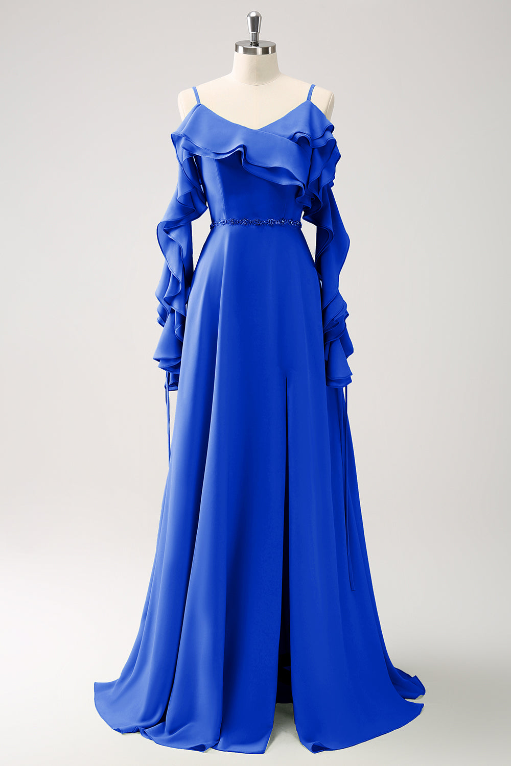 Himmelblå kold skulder A-linje Chiffon lang brudepigekjole med flæser