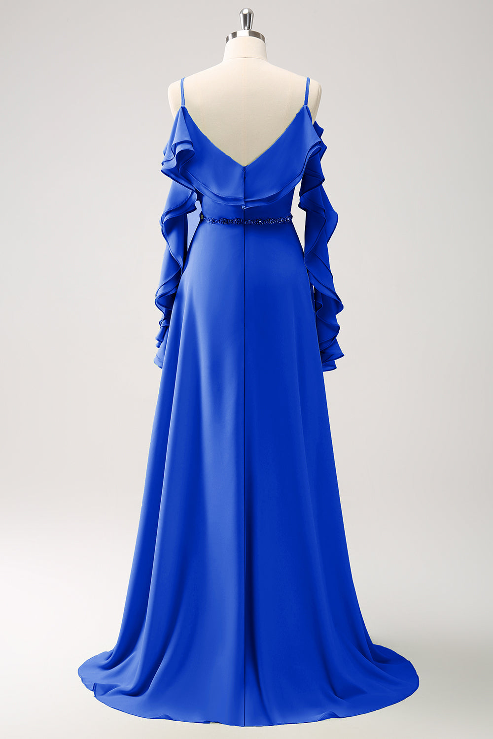 Himmelblå kold skulder A-linje Chiffon lang brudepigekjole med flæser