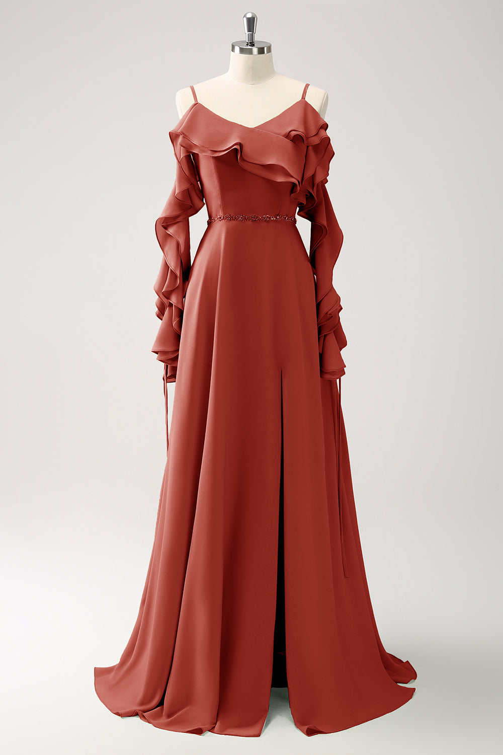 Himmelblå kold skulder A-linje Chiffon lang brudepigekjole med flæser