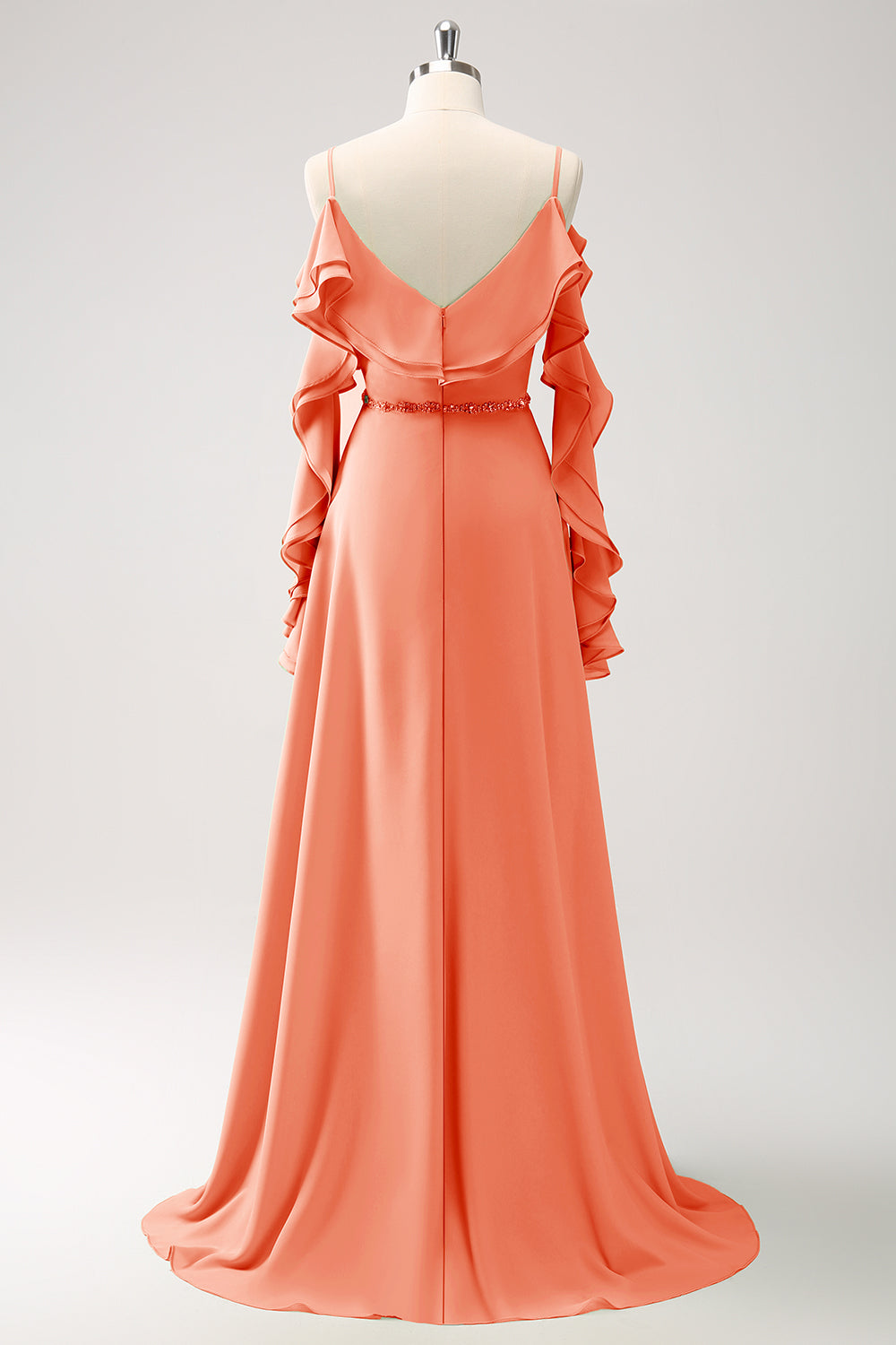 Himmelblå kold skulder A-linje Chiffon lang brudepigekjole med flæser