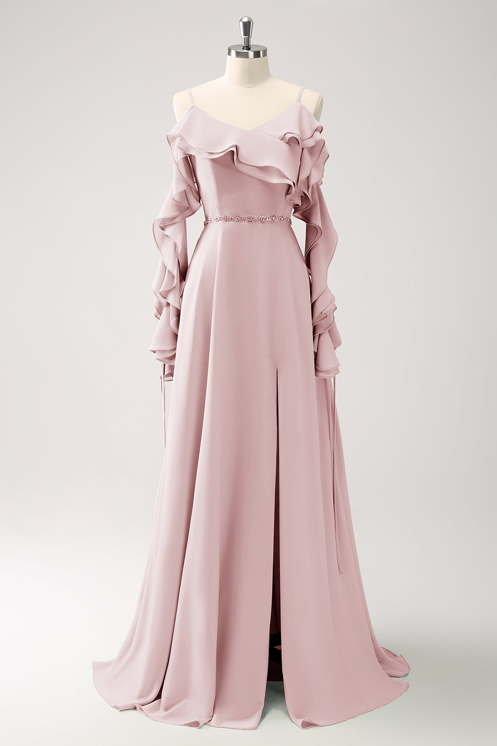 Lysegrøn kold skulder A-linje Chiffon lang brudepigekjole med flæser