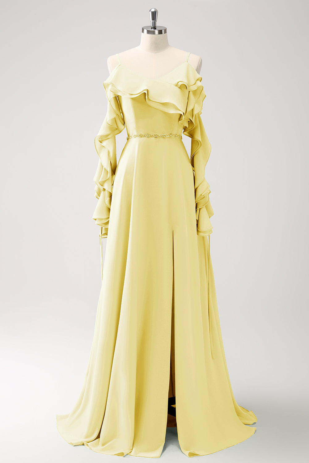 Lysegrøn kold skulder A-linje Chiffon lang brudepigekjole med flæser