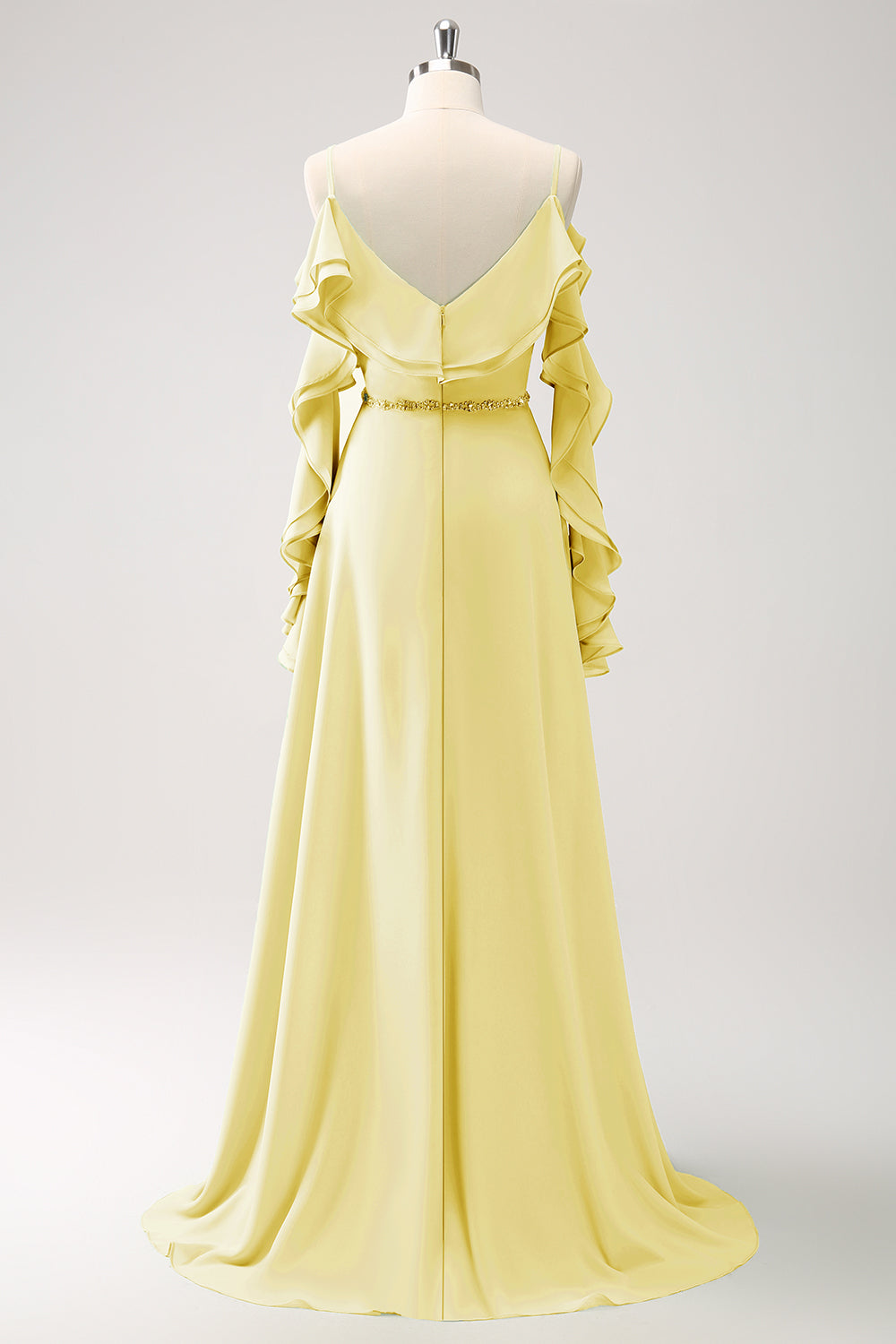 Lysegrøn kold skulder A-linje Chiffon lang brudepigekjole med flæser