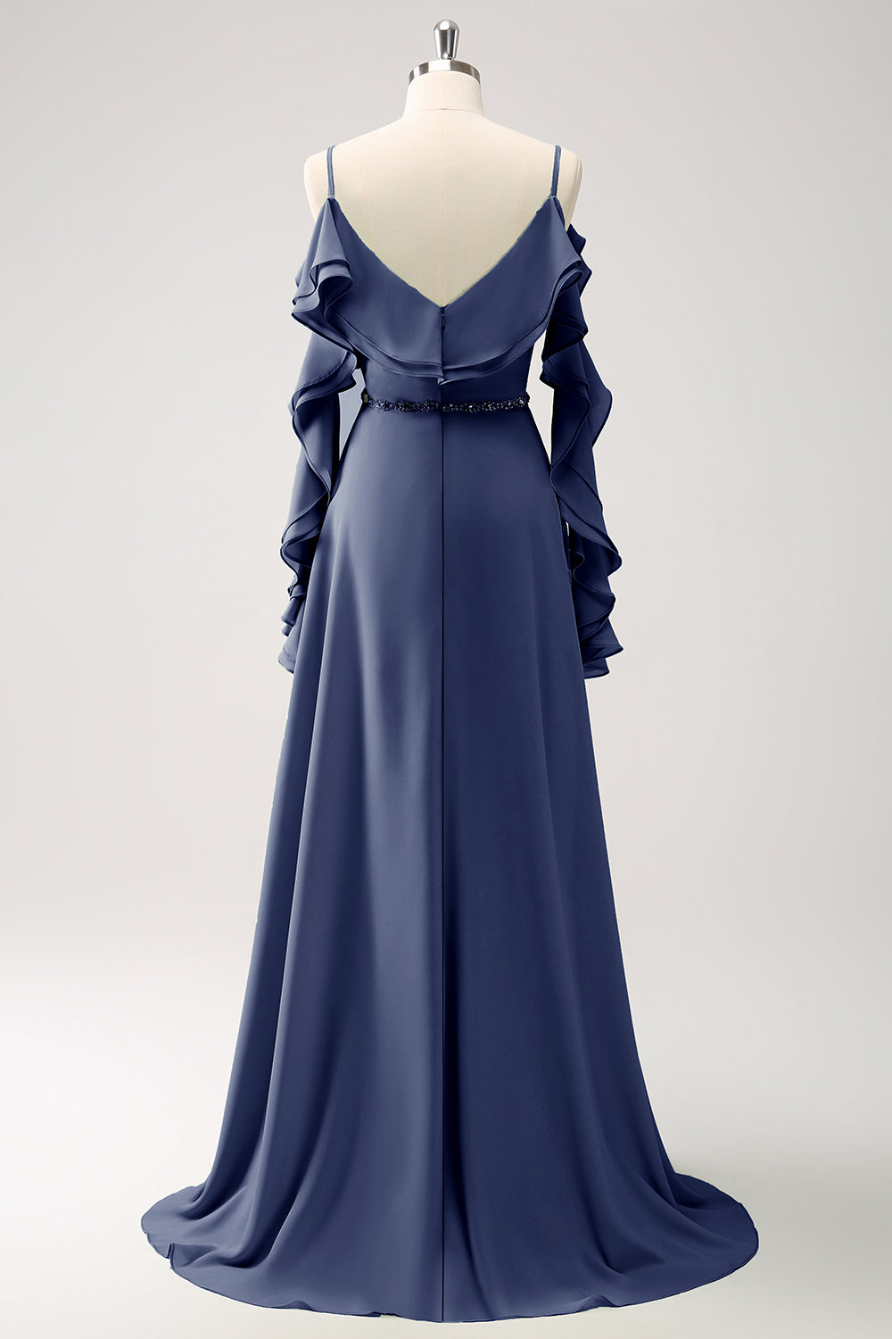 Mørkegrøn kold skulder A-linje Chiffon lang brudepigekjole med flæser