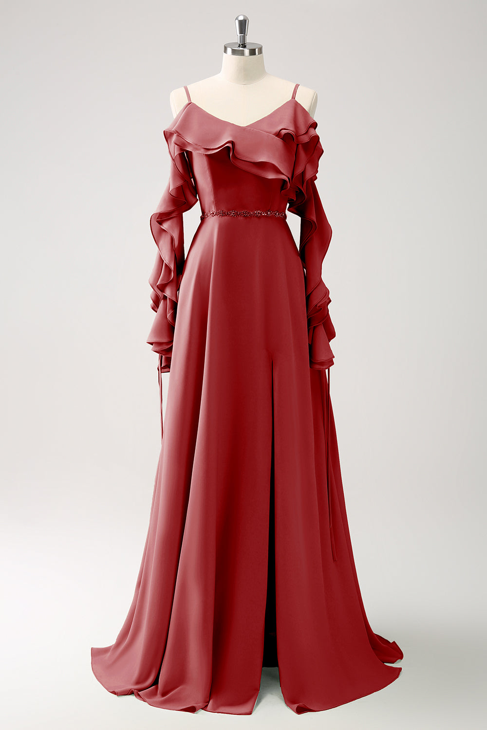 Mørkegrøn kold skulder A-linje Chiffon lang brudepigekjole med flæser